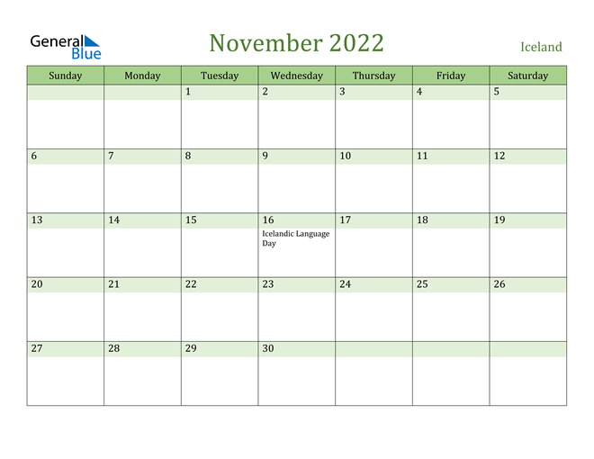 November 2022 Calendar with Iceland Holidays
