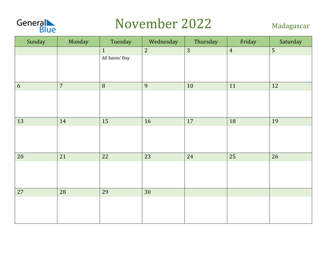 November 2022 Calendar with Madagascar Holidays