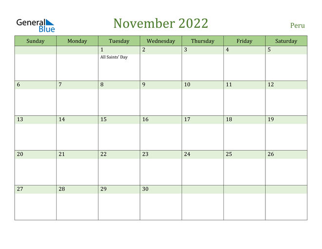 November 2022 Calendar with Peru Holidays