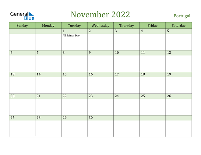 portugal november 2022 calendar with holidays