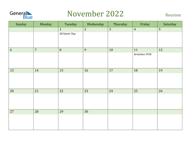 November 2022 Calendar with Reunion Holidays