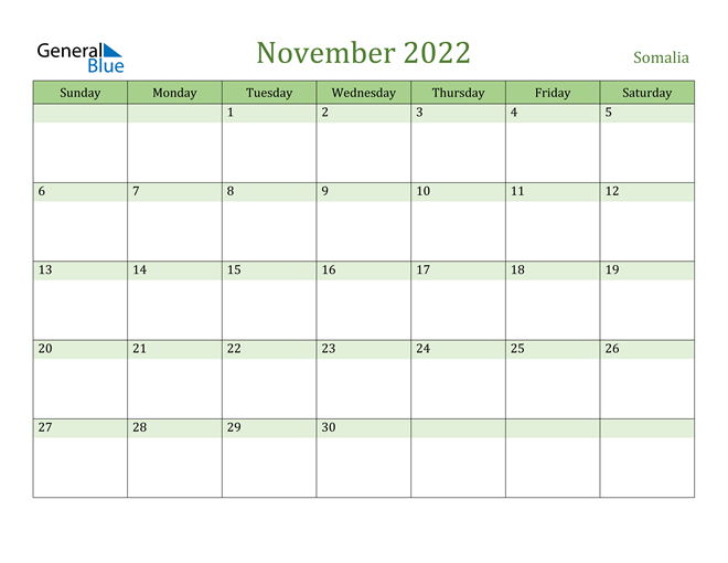 November 2022 Calendar with Somalia Holidays