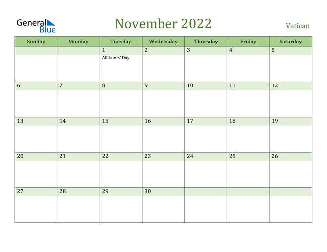 November 2022 Calendar with Vatican Holidays