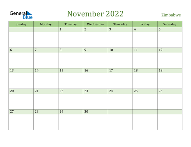 November 2022 Calendar with Zimbabwe Holidays
