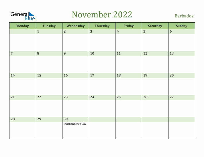 November 2022 Calendar with Barbados Holidays