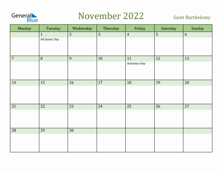 November 2022 Calendar with Saint Barthelemy Holidays