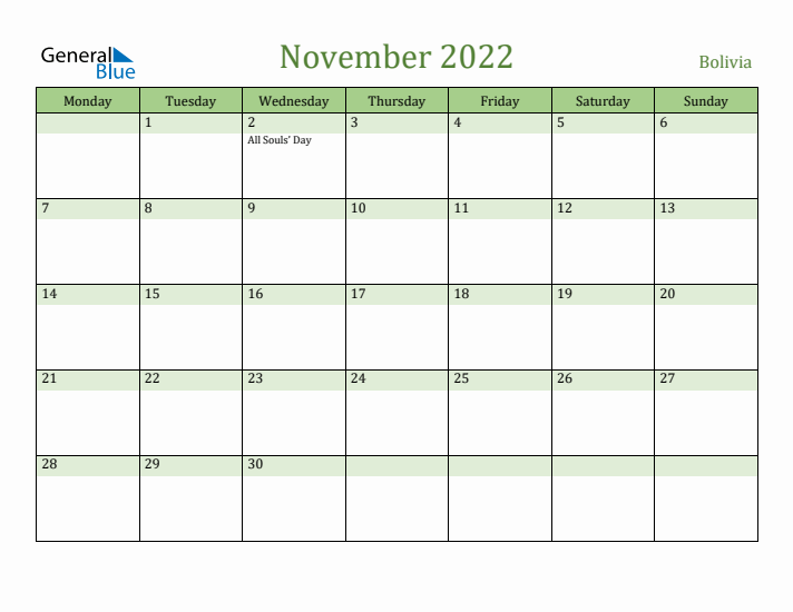 November 2022 Calendar with Bolivia Holidays