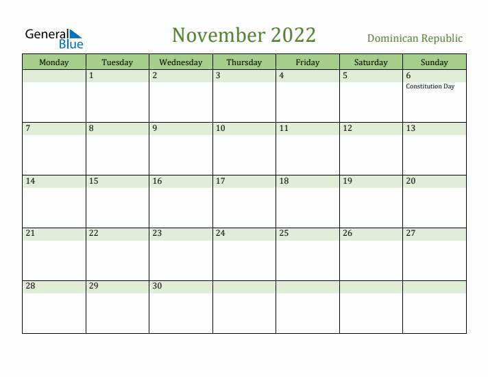 November 2022 Calendar with Dominican Republic Holidays