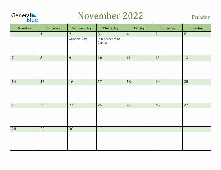 November 2022 Calendar with Ecuador Holidays