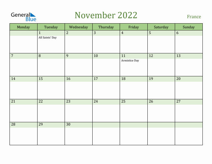 November 2022 Calendar with France Holidays