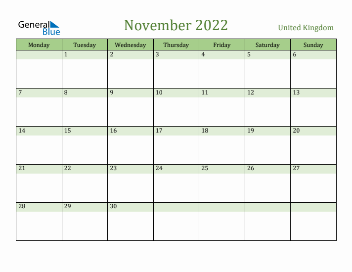 November 2022 Calendar with United Kingdom Holidays
