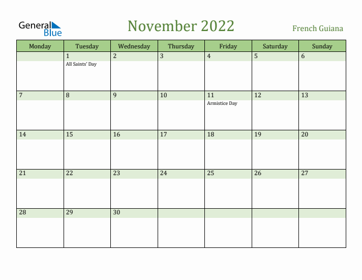 November 2022 Calendar with French Guiana Holidays