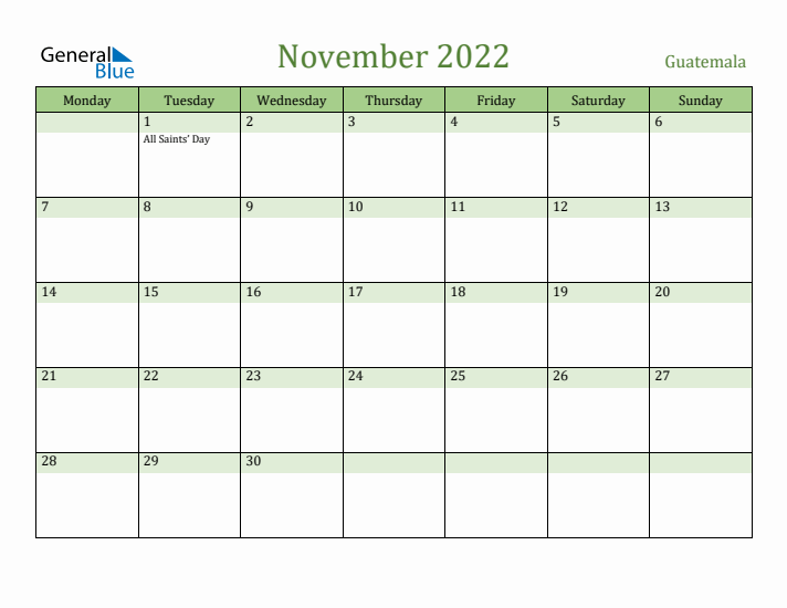 November 2022 Calendar with Guatemala Holidays