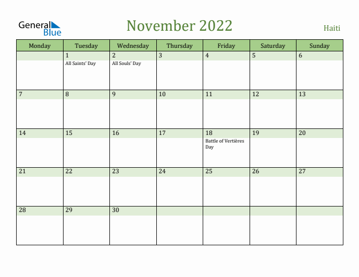 November 2022 Calendar with Haiti Holidays