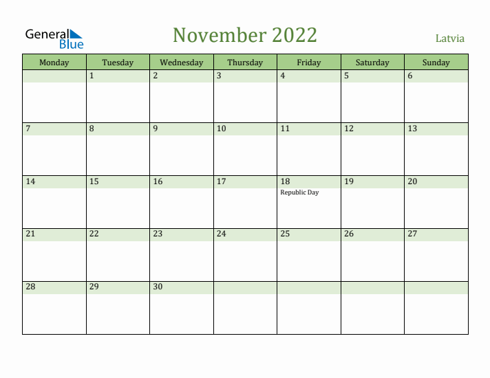 November 2022 Calendar with Latvia Holidays