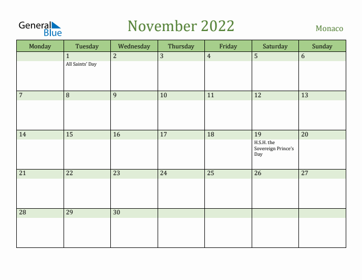 November 2022 Calendar with Monaco Holidays