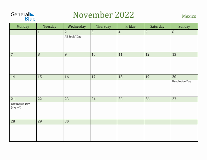 November 2022 Calendar with Mexico Holidays