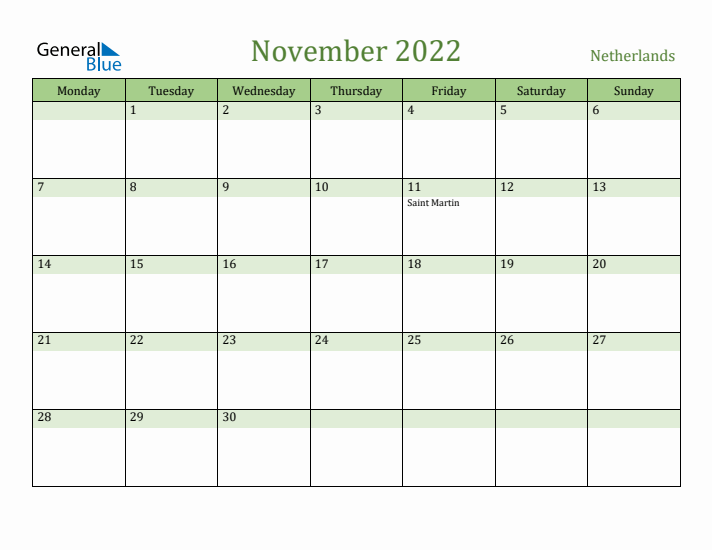 November 2022 Calendar with The Netherlands Holidays
