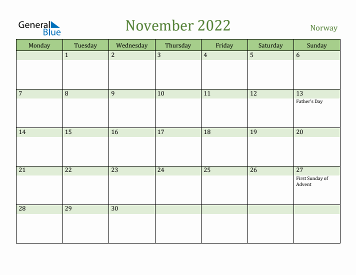 November 2022 Calendar with Norway Holidays