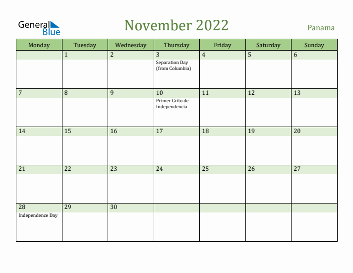 November 2022 Calendar with Panama Holidays