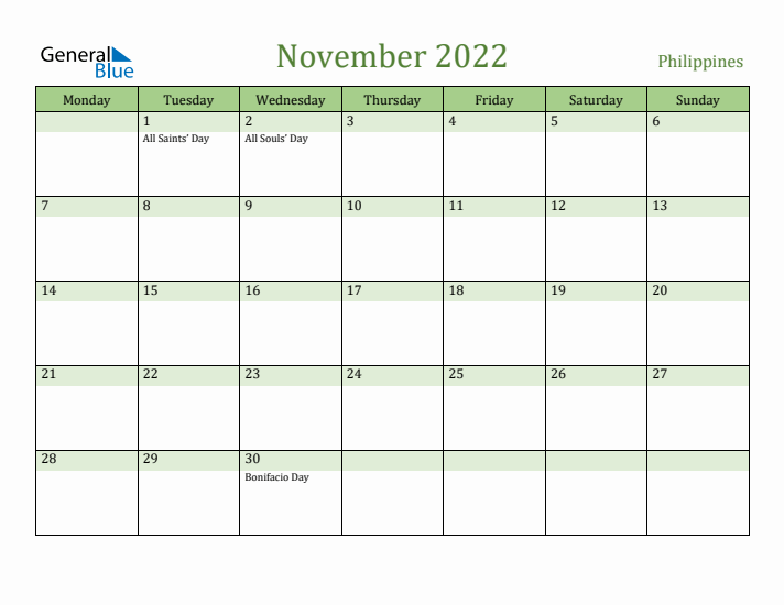 November 2022 Calendar with Philippines Holidays