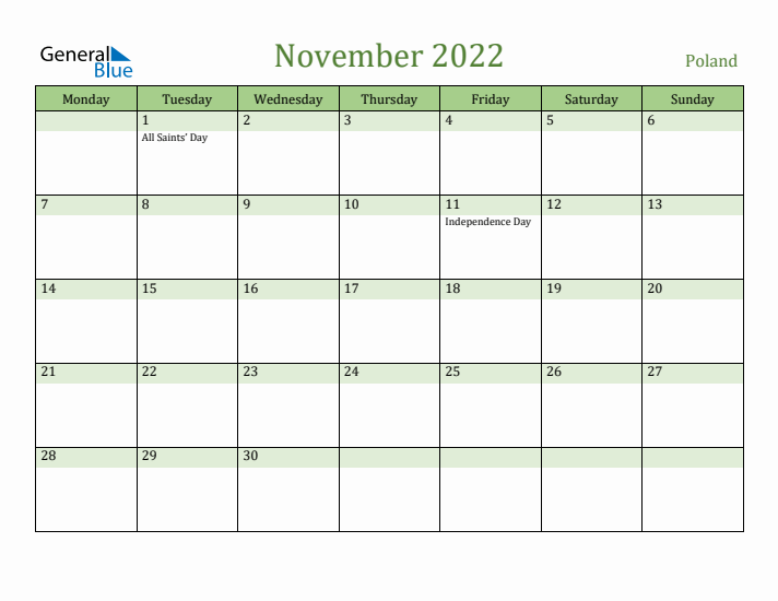 November 2022 Calendar with Poland Holidays