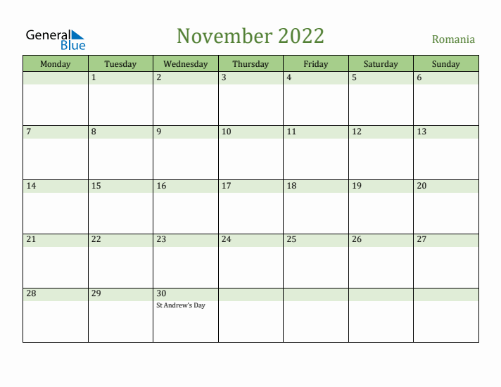 November 2022 Calendar with Romania Holidays