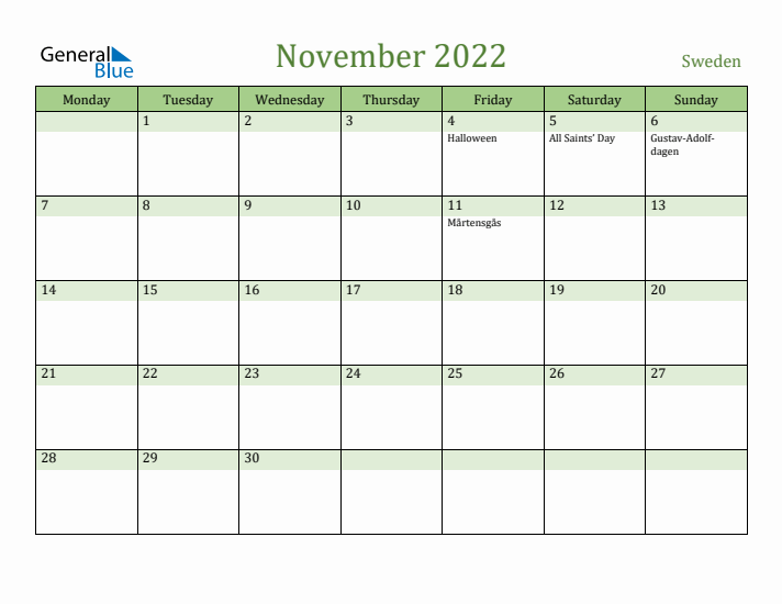 November 2022 Calendar with Sweden Holidays