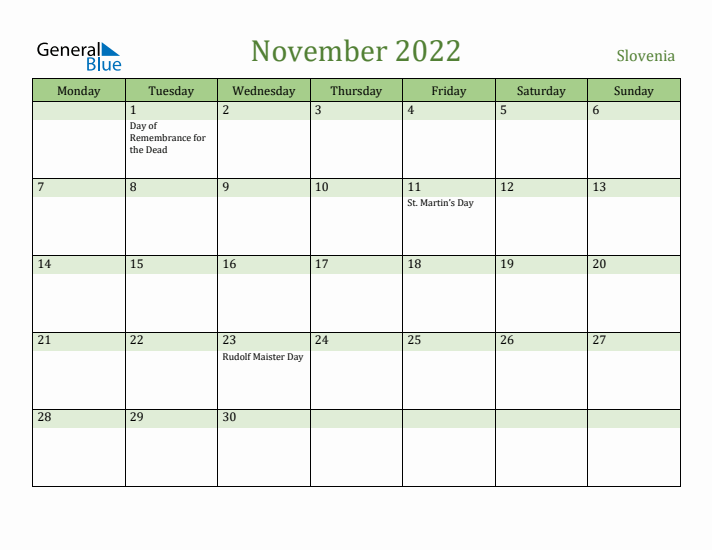 November 2022 Calendar with Slovenia Holidays