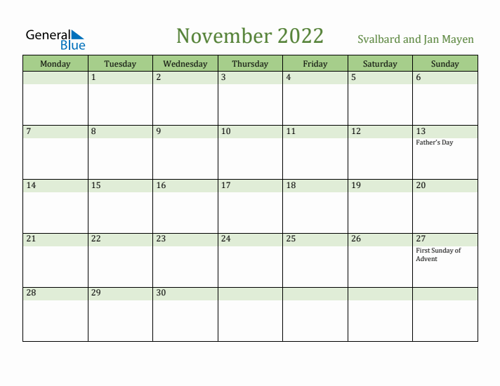 November 2022 Calendar with Svalbard and Jan Mayen Holidays