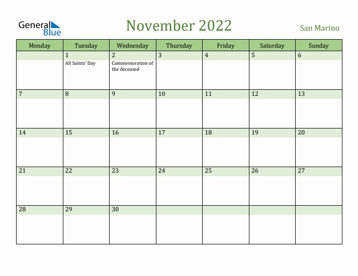 November 2022 Calendar with San Marino Holidays