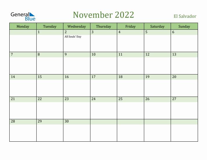 November 2022 Calendar with El Salvador Holidays