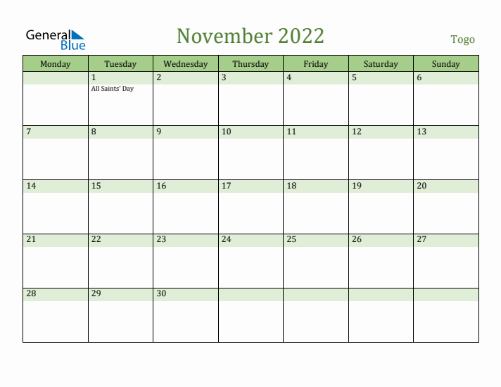 November 2022 Calendar with Togo Holidays
