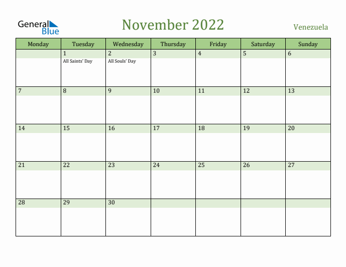 November 2022 Calendar with Venezuela Holidays