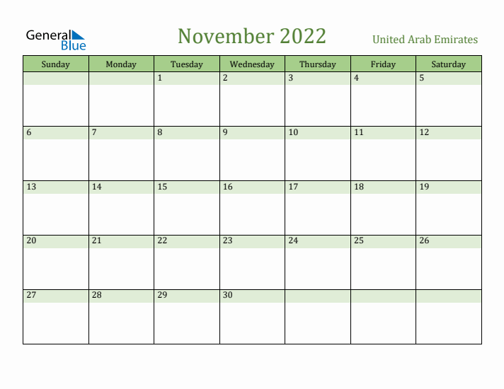November 2022 Calendar with United Arab Emirates Holidays