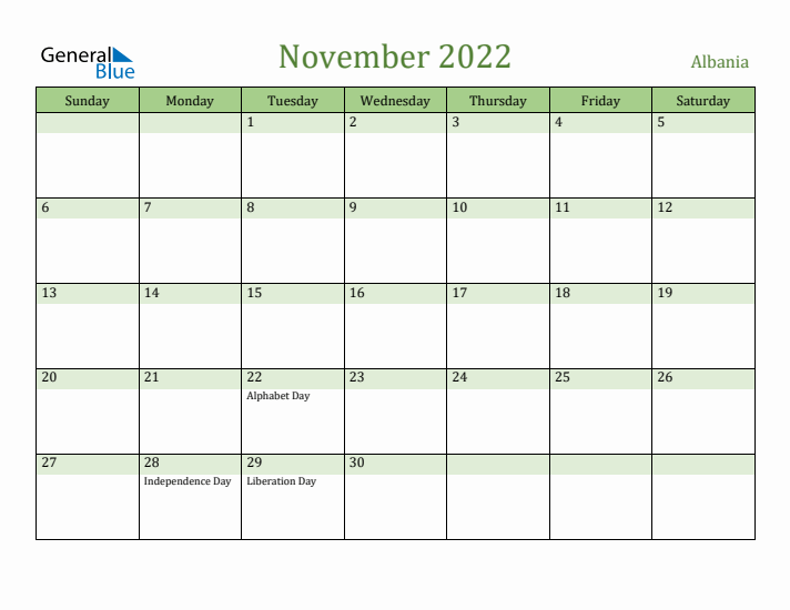 November 2022 Calendar with Albania Holidays