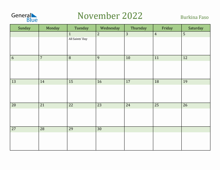 November 2022 Calendar with Burkina Faso Holidays