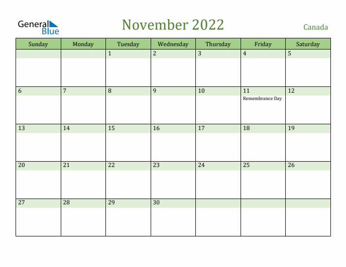 November 2022 Calendar with Canada Holidays