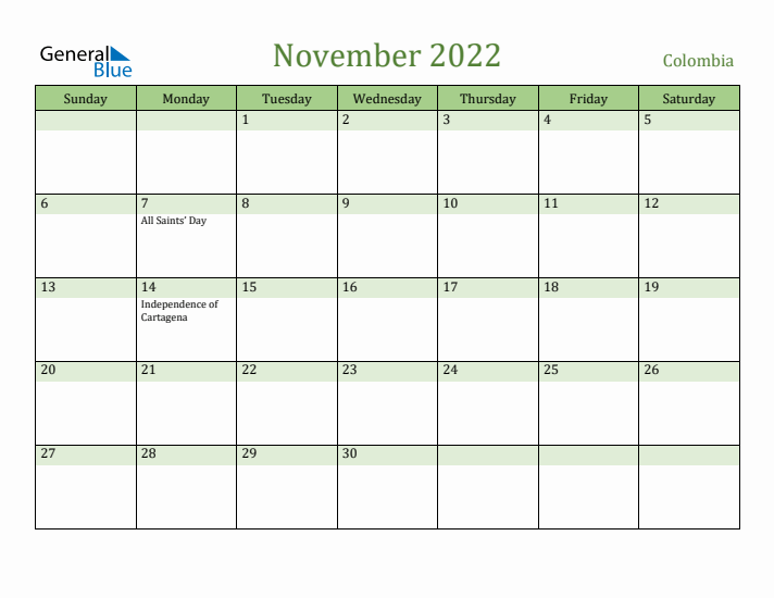 November 2022 Calendar with Colombia Holidays