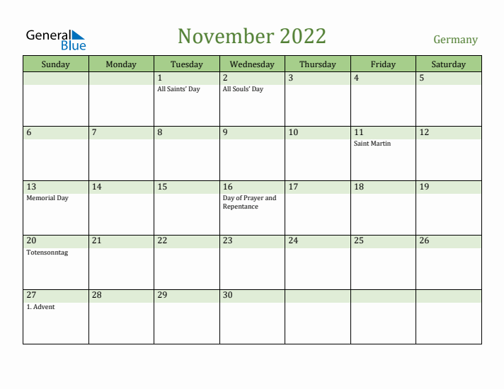 November 2022 Calendar with Germany Holidays