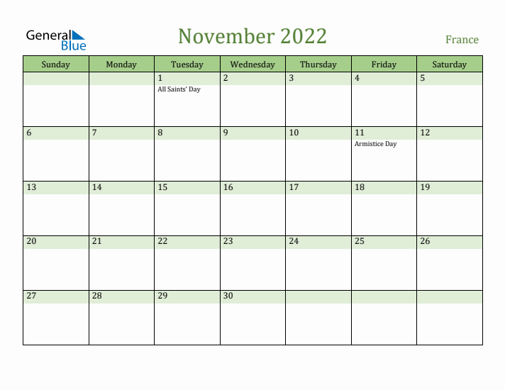 November 2022 Calendar with France Holidays