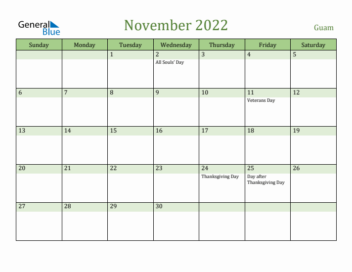 November 2022 Calendar with Guam Holidays