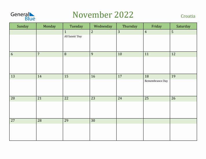 November 2022 Calendar with Croatia Holidays