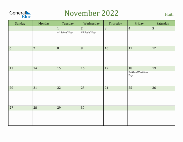 November 2022 Calendar with Haiti Holidays