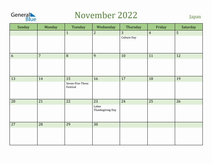 November 2022 Calendar with Japan Holidays