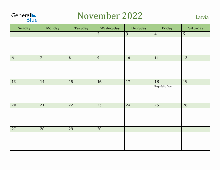 November 2022 Calendar with Latvia Holidays