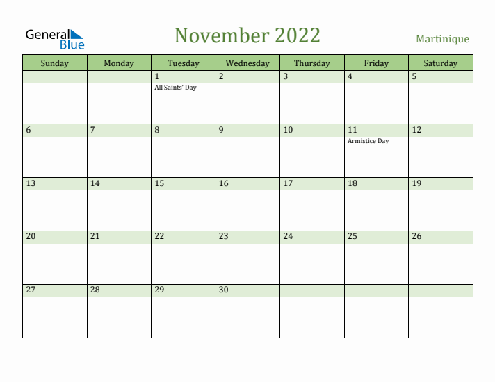 November 2022 Calendar with Martinique Holidays