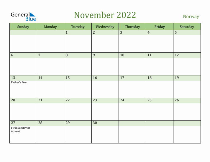November 2022 Calendar with Norway Holidays