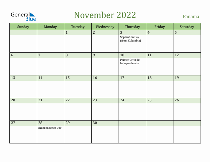 November 2022 Calendar with Panama Holidays