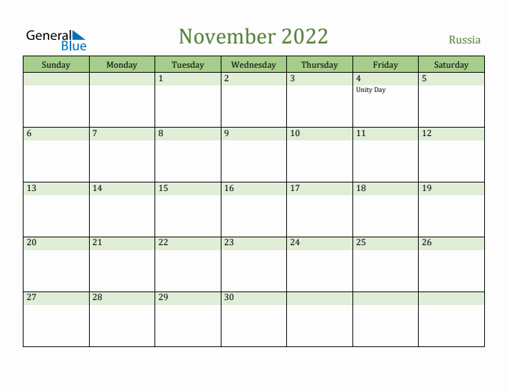 November 2022 Calendar with Russia Holidays